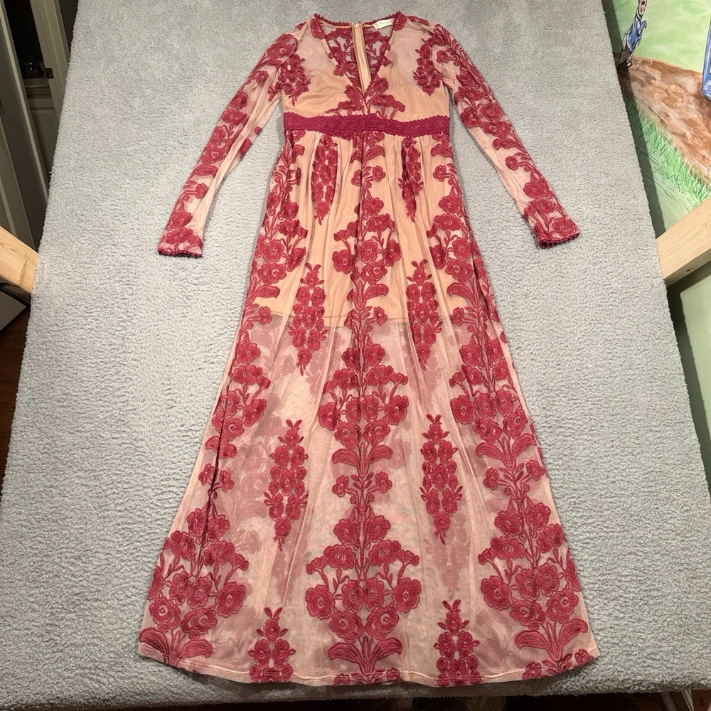 Altar’d State Dress SSmall Red Maxi Floral Embroidery Sheer Overlay Elegant‎